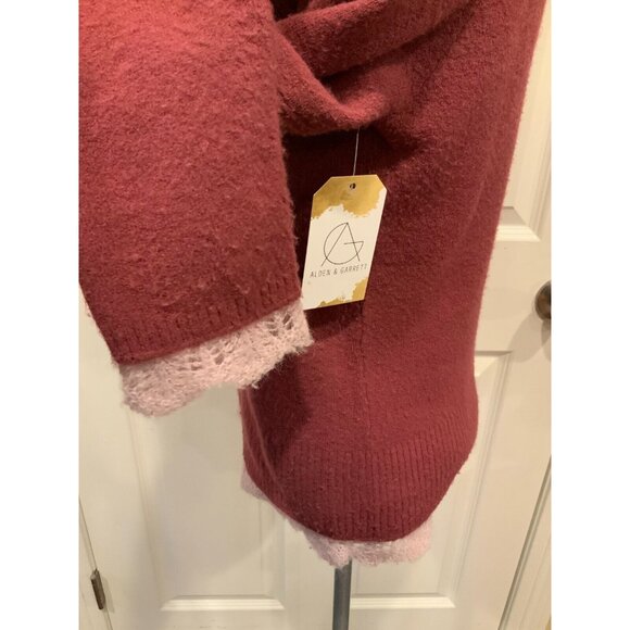 Sleeping on Snow Dark Pink Cowl Neck Sweater W/ Light Pink Crochet Trim, Size L - Picture 5 of 9